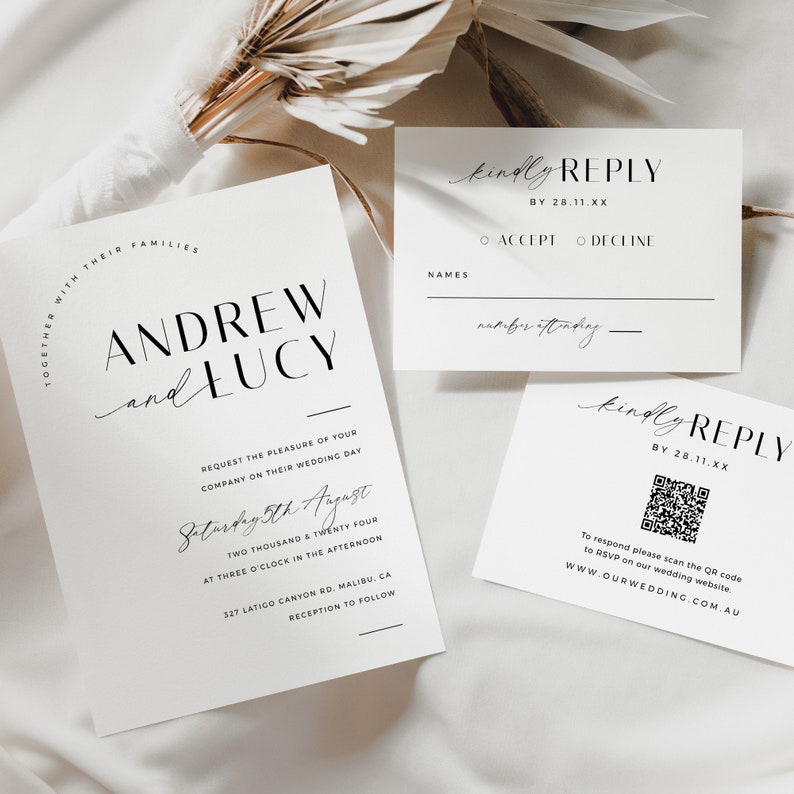 Wedding Invitation QR Code Rsvp, Minimalist Wedding Invite Suite, Minimal Invite, Simple Editable Invite Template VP001 image 1