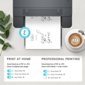 May include: A white card with the text "Thank you" and the names "Andrew & Lucy" written in cursive. The card is being printed on a home printer. The image also shows options for printing at home or professionally, including the ability to show bleed, trim marks, and save paper.