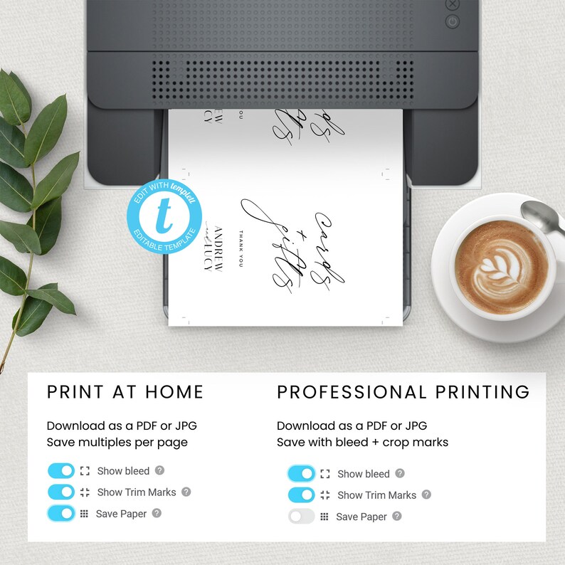 May include: A white card with the text "Thank you" and the names "Andrew & Lucy" written in cursive. The card is being printed on a home printer. The image also shows options for printing at home or professionally, including the ability to show bleed, trim marks, and save paper.