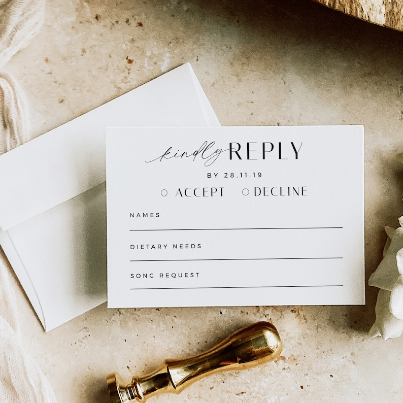 Modern RSVP Card, Minimalist Wedding Response Card, Wedding Insert, Printable RSVP Card, Wedding Reply Card, Editable Template VP001 image 1