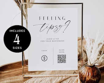 Tip Your Bartender Sign Template, signo de código QR, Escanear para pagar, Venmo, CashApp, Feeling Tipsy, Tip Jar Sign, Boda minimalista moderna - VP001