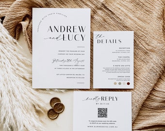 Wedding Invites with QR Code, Minimalist Wedding Invite Suite, Minimal Invite, Simple Editable Invite Template - VP001