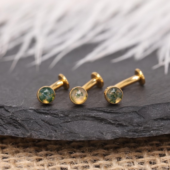 14G Moss Agate Curved Navel Ring Belly Button Piercing  G23 Titanium Gold Silver Flat Back Dainty Minimalist Body Jewelry