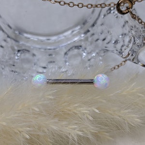 14G G23 Solid Titanium White Opal Shield Nipple Barbell Internally Threaded Tongue Ring