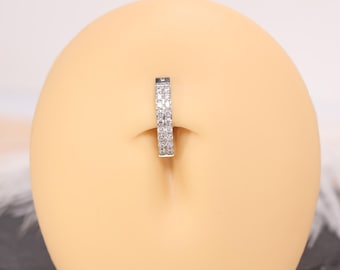 Anillo para ombligo G23 de titanio con doble fila de circonitas cúbicas, piercing para ombligo, oro y plata, calibre 14G, delicado anillo para ombligo, joyería corporal, barra para ombligo brillante