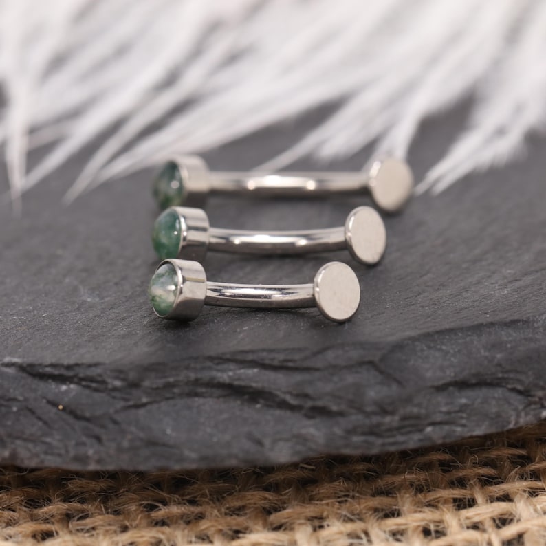 14G Moss Agate Curved Navel Ring Belly Button Piercing G23 Titanium Gold Silver Flat Back Dainty Minimalist Body Jewelry image 10