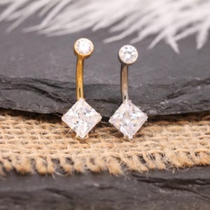 14G Navel Ring Square CZ Zirconia Belly Button Piercing Cross Back G23 Titanium Gold Silver Dainty Minimalist Body Jewelry
