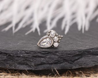 Piercing labial G23 de titanio con diseño de fresa y circonitas cúbicas, con botón de circonita cúbica blanca y plata, calibre 16G y 18G. Joyería delicada y bonita para cartílago y tragus.