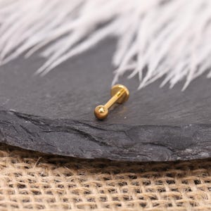 May include: A gold-colored, flat-back labret stud earring. The earring features a small, round ball on one end and a flat disc on the other. The earring is displayed on a dark gray, textured surface with white feathers in the background.