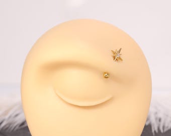 Anillo de ceja de titanio G23 con estrella, piercing de ceja con circonita cúbica blanca, barra de seis puntas en forma de estrella, oro y plata, calibre 16G, joyería corporal delicada.