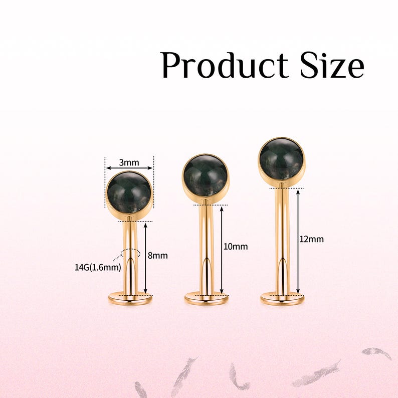 May include: Three gold-coloured lip piercing studs with dark green gemstone tops. The studs are 3mm in diameter, with lengths of 8mm, 10mm, and 12mm. The text "Product Size" is at the top of the image.
