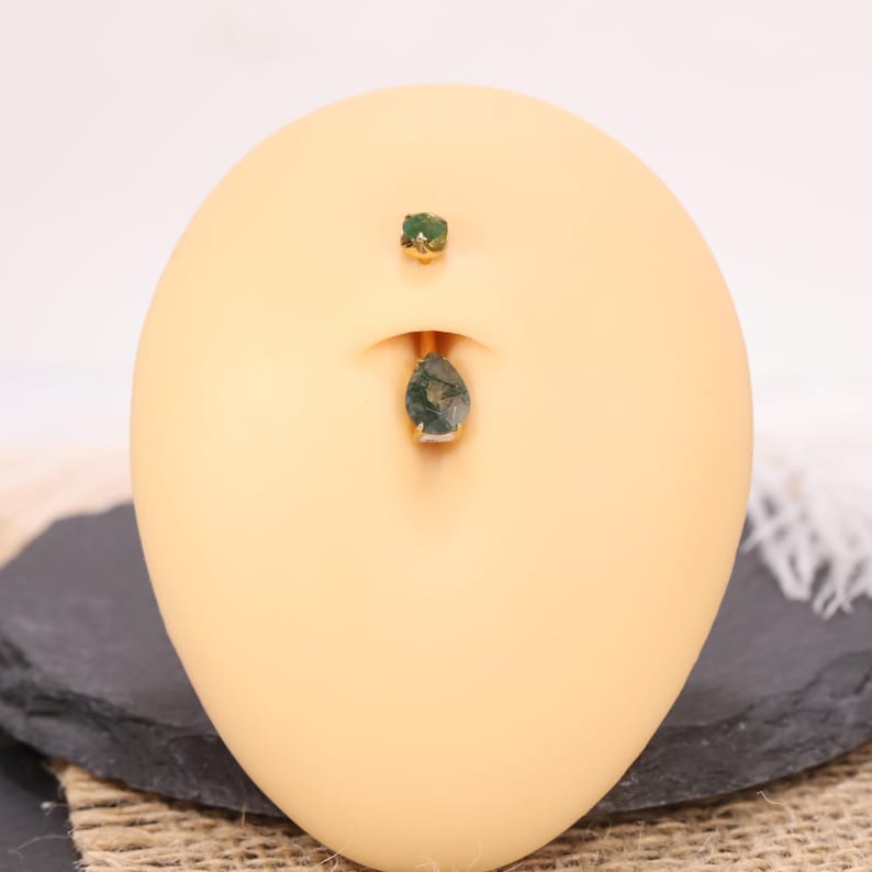 14G Navel Ring Teardrop Moss Agate Belly Button Piercing G23 Titanium Gold Silver Natural Dainty Minimalist Body Jewelry image 8