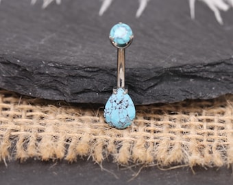 Piercing para ombligo G23 de titanio azul turquesa en forma de lágrima, de plata, calibre 14G. Joyería minimalista y delicada para piercing de ombligo.