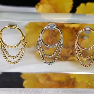 316L Surgical Steel Hinged Segment Hoop Rings Septum Jewelry Double Chain Hang