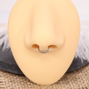May include: A silver septum ring is displayed on a mannequin nose. The ring is a double hoop design, with two parallel bands forming a complete circle. The nose is a light beige color, and the background is blurred.