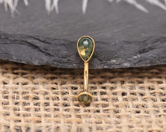 16G Moss Agate Eyebrow Piercing Teardrop Curved Barbell G23 Titanium Gold Natural Dainty Minimalist Body Jewelry