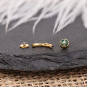 14G Moss Agate Curved Navel Ring Belly Button Piercing G23 Titanium Gold Silver Flat Back Dainty Minimalist Body Jewelry image 9