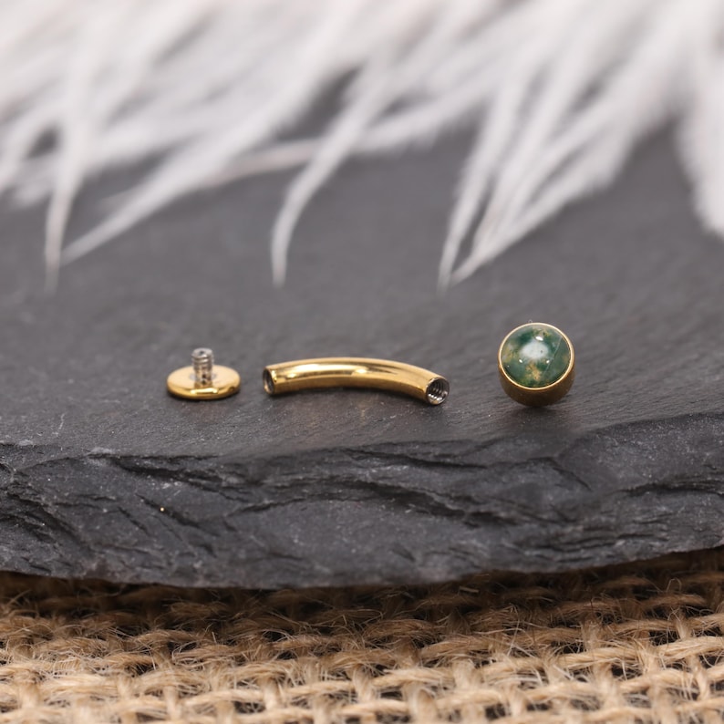 14G Moss Agate Curved Navel Ring Belly Button Piercing G23 Titanium Gold Silver Flat Back Dainty Minimalist Body Jewelry image 9