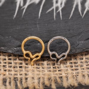 Op de afbeelding: Twee metalen neusringen. Eén is goudkleurig, de andere zilverkleurig. Beide hebben een cirkelvormig ontwerp met een hartvormig accent. De sieraden worden getoond op een donker, getextureerd oppervlak.