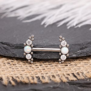 Nipple Barbell G23 Titanium 14g Nipple Rings White Opal&CZ Silver Body Piercing Jewelry