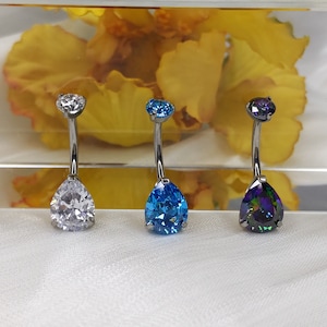 14G 3/8 inch (10mm) Prong Set Double Sparkle Gem G23 Titanium Belly Button Navel Piercing Ring Water Drop Shape
