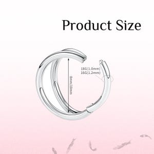 May include: A silver-colored, double-hoop earring with a hinged clasp. The product size is labeled as 8mm/10mm in diameter. The text on the image reads "Product Size" and also lists the gauge sizes 18G (1.0mm) and 16G (1.2mm).