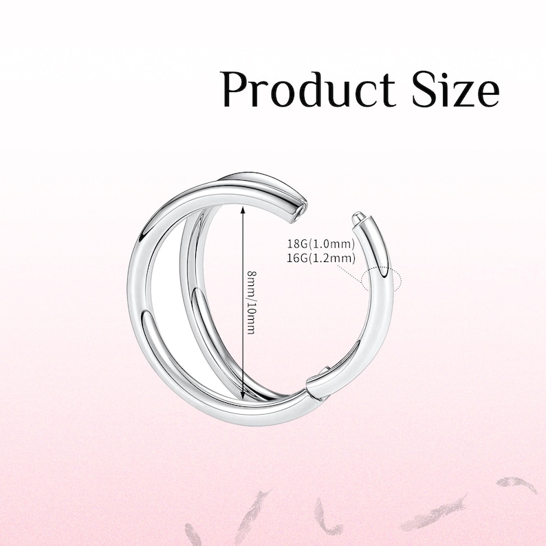May include: A silver-colored, double-hoop earring with a hinged clasp. The product size is labeled as 8mm/10mm in diameter. The text on the image reads "Product Size" and also lists the gauge sizes 18G (1.0mm) and 16G (1.2mm).