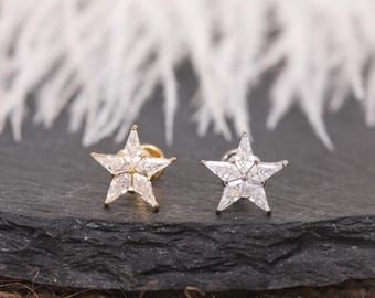 Pendiente de labio con forma de estrella y pentagrama de titanio G23, estilo delicado, dorado y plateado, para cartílago y tragus (16G y 18G).