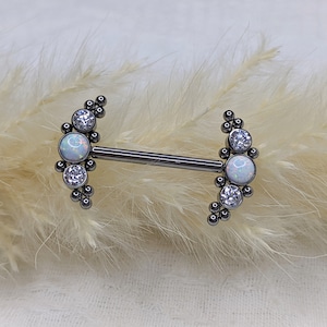 Nipple Barbell G23 Titanium 14g Nipple Rings White Opal&CZ Silver Body Piercing Jewelry