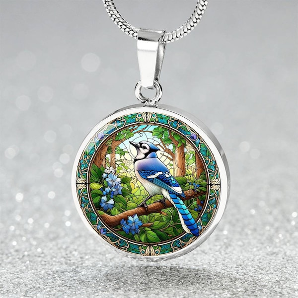 Vibrant Blue Jay Medallion - Garden Blossom Pendant - Enchanting Bird Necklace