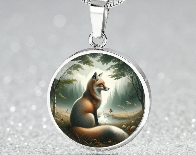 Tranquil Forest Fox Circle Pendant - Peaceful Nature Scene Necklace - Wildlife Inspired Jewelry