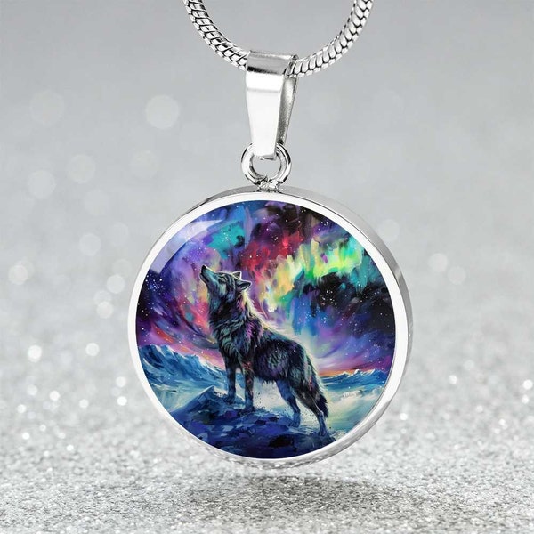 Celestial Wolf Aurora Pendant - Arctic Night Sky Necklace - Mystical Wilderness Charm