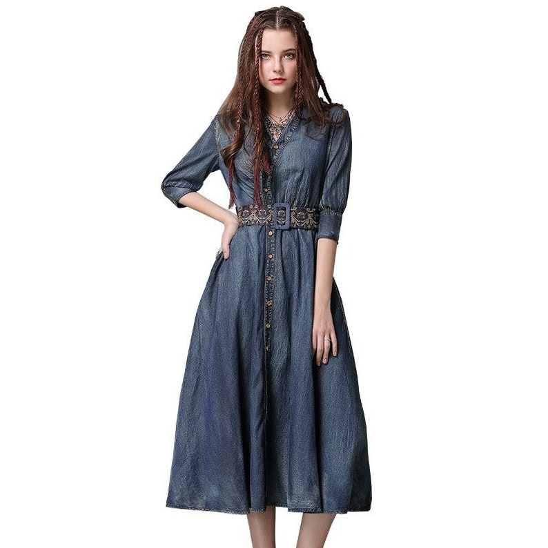 Spring Autumn New Adult Women's deals Retro Dark Blue Jeanswear V-Neck Midsleeved Embroidery Belt Slimming Denim Dress