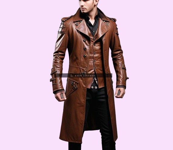Trench en cuir veritable pour homme Long manteau marron en cuir de qualite superieure Manteau gothique en cuir veritable fait main Manteau