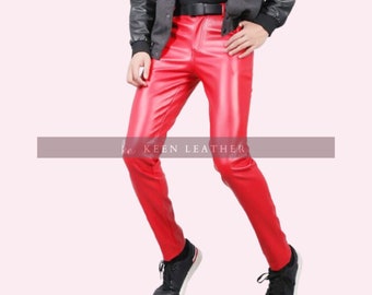 Genuine Leather Men Red SlimFit Pants,Handmade Leather Men Biker Pants,Red Leather Men Y2k Pnats,Gift For HIm