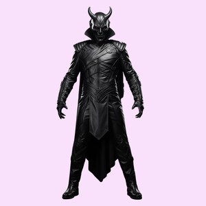 May include: A full-length image of a person in a black costume with a horned mask. The costume features a long coat with intricate detailing, gloves, and boots. The background is a solid light pink.