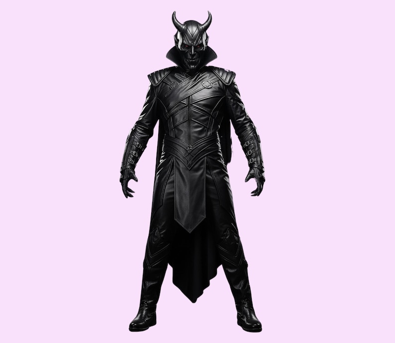 May include: A full-length image of a person in a black costume with a horned mask. The costume features a long coat with intricate detailing, gloves, and boots. The background is a solid light pink.