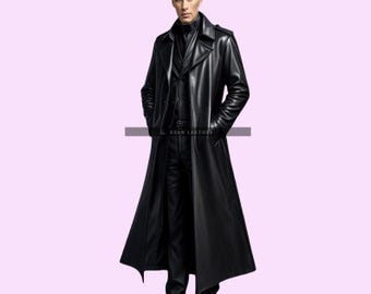 Handmade Genuine Real Cow Leather Front Zipper Men Long Trench