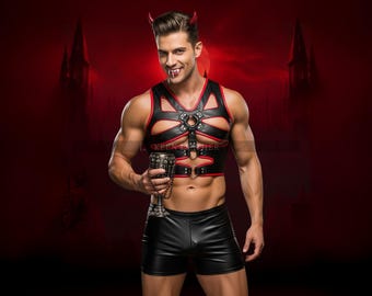 Mens Genuine Leather Harness Set: Gothic Devil Costume, Rave Wear