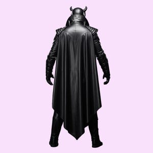May include: A black leather costume with a long cape, gloves, and boots. The costume includes a horned helmet and shoulder accents. The person is standing with their back to the camera against a light purple background.
