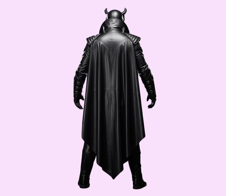 May include: A black leather costume with a long cape, gloves, and boots. The costume includes a horned helmet and shoulder accents. The person is standing with their back to the camera against a light purple background.