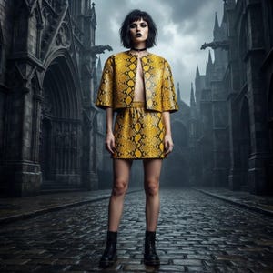 Yellow Python Print Shirt & Mini Skirt Set, Gothic Punk Festival Outfit.