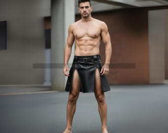 Handgemaakte zwarte leren bikerkilt: gothic gladiator-cosplay