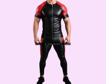 May include: A black and red leather outfit with a zippered top and matching pants. The outfit has a sporty, modern design.