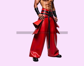 Red Leather Layered Pants: Avant-Garde Biker Cosplay