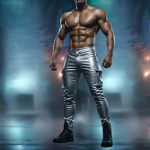 Men’s Silver Genuine Leather Cargo Pants , Handmade Futuristic Festival Trousers