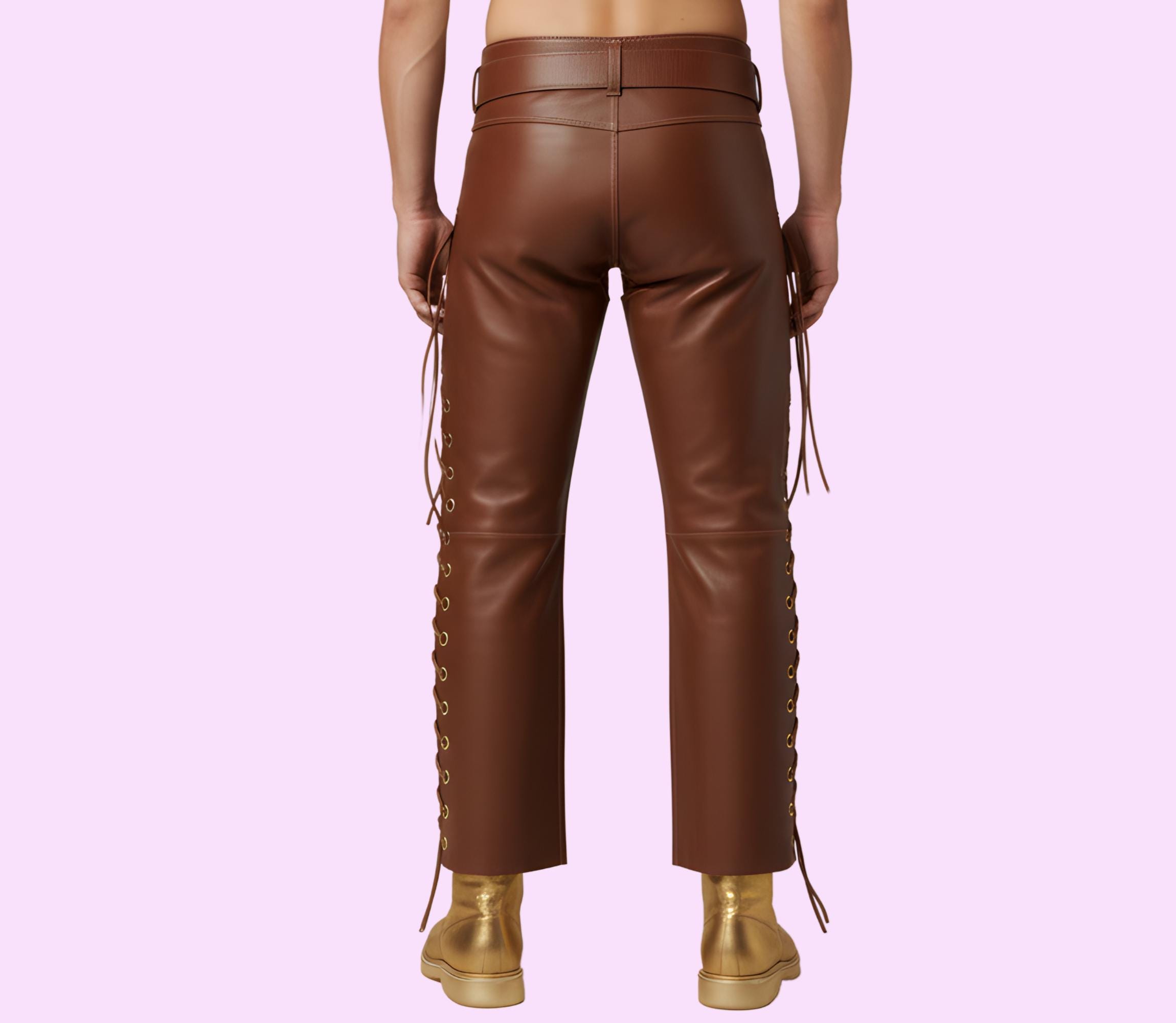 Men’s Brown Genuine Leather Chaps & Golden Real Leather Boots, Gothic ...