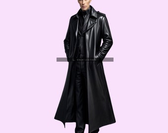 Genuine Leather Mens Trench Coat| Handmade Black Long Trench Coat| Leather Duster Coat|Gift For Him