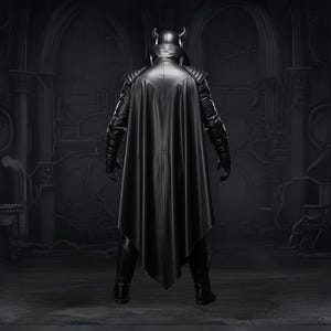 May include: A black leather costume with a cape, gloves, and a horned helmet. The figure is standing in a dark, gothic-style room. The costume has a textured appearance and a flowing cape.