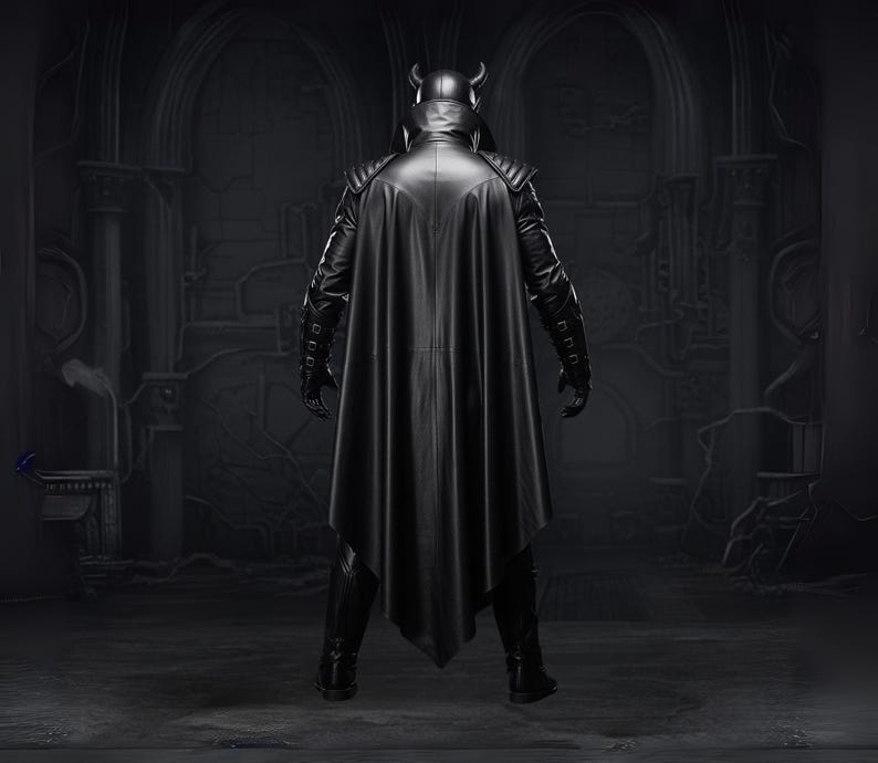 May include: A black leather costume with a cape, gloves, and a horned helmet. The figure is standing in a dark, gothic-style room. The costume has a textured appearance and a flowing cape.